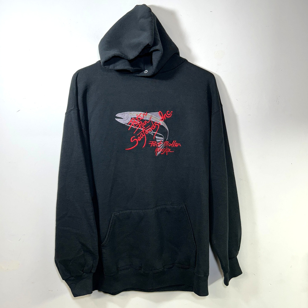 Vintage Jerzees Super Sweats Hoodie Sweatshirt Black Alaska Seafood XL 90s USA